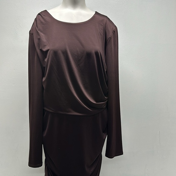 Veronica Beard Tristana Dress Asymmetrical Long Sleeve High Slit Brown Size 14 - Picture 4 of 11